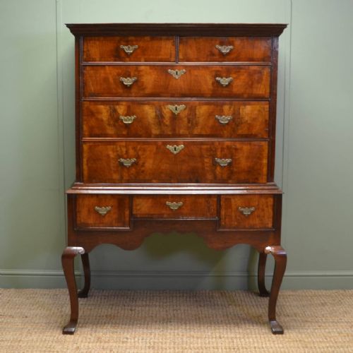 Sensational George 1st Oak and Figured Walnut Antique Chest on Stand