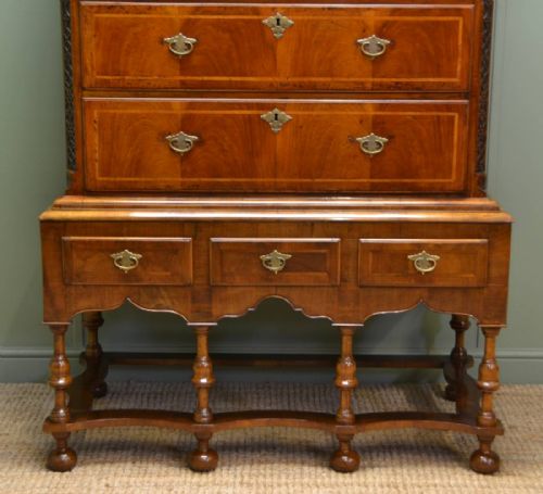fig 1. Sensational Queen Anne Figured Walnut Antique Chest on Stand
