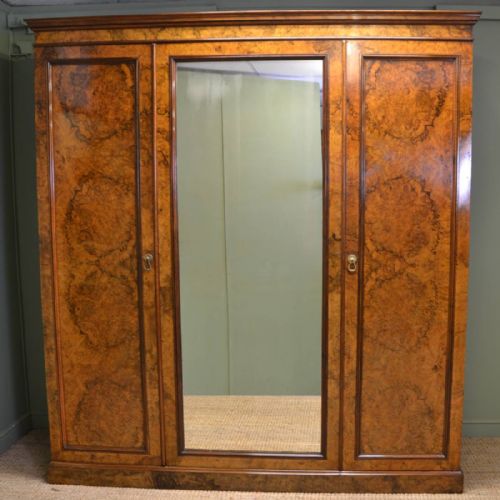 Magnificent Victorian Burr Walnut Antique Triple Wardrobe of Large Proportions
