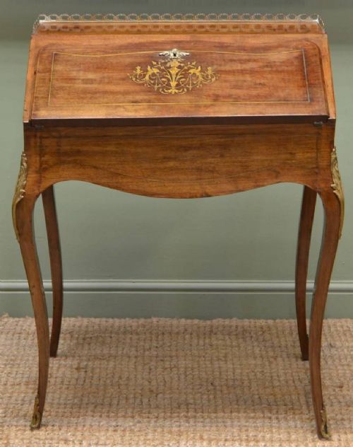 fig 1. Elegant Edwardian Walnut Antique Bureau with Brass Inlay