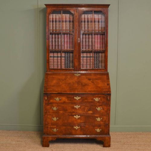 Striking Queen Anne Design Figured Walnut Antique Edwardian Bureau / Bookcase