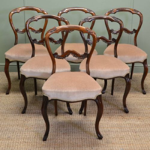 Spectacular Set of Six Victorian Solid Rosewood Antique Balloon Back Chairs