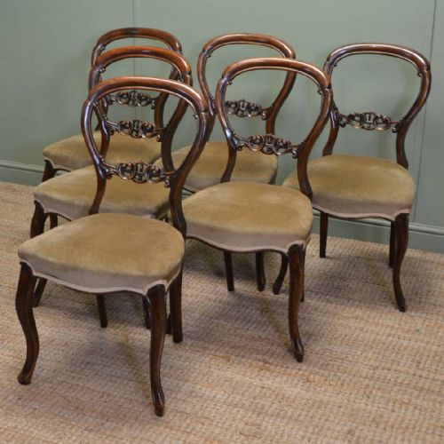 Fine Set of Six Solid Walnut Victorian Antique Balloon Back Chairs