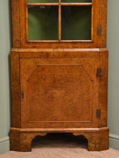 fig 1. Spectacular Figured Burr Walnut Antique Edwardian Antique Corner Cupboard.
