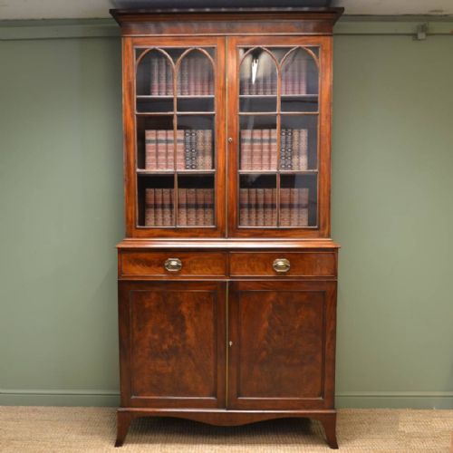 Large Georgian Figured Mahogany Antique Glazed Bookcase