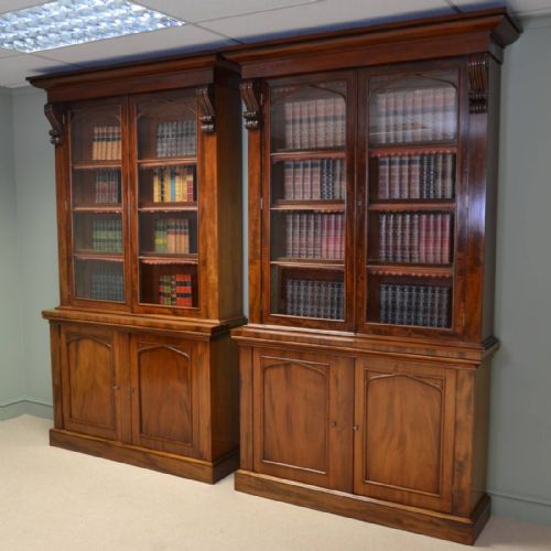 Rare Pair of Quality Victorian Figured Mahogany Antique Library Bookcases