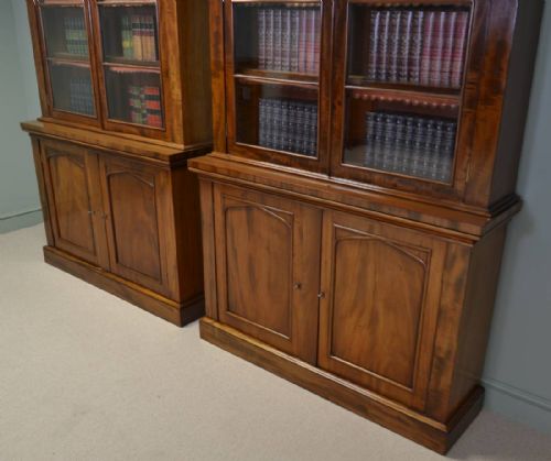 fig 1. Rare Pair of Quality Victorian Figured Mahogany Antique Library Bookcases