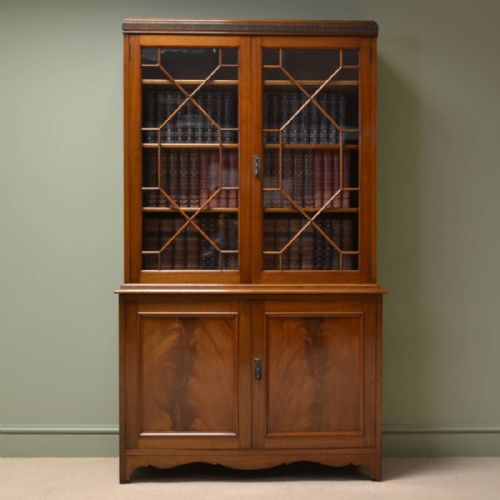 Edwardian Mellow Mahogany Antique Glazed Bookcase on Cupboard