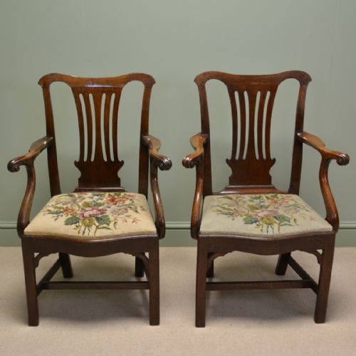Pair of Georgian Oak Antique Carver Arm Chairs