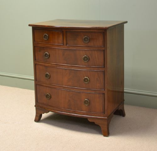 Spectacular Figured Mahogany Edwardian Bow Fronted Small Antique Chest of Drawers