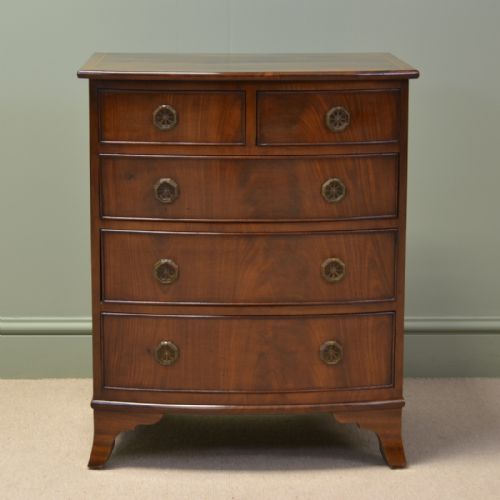 fig 1. Spectacular Figured Mahogany Edwardian Bow Fronted Small Antique Chest Of Drawers
