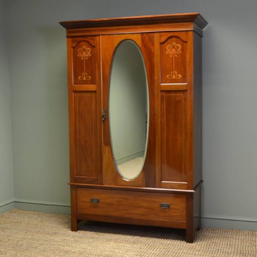Elegant Edwardian Inlaid Mahogany Art Nouveau Wardrobe