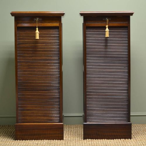 Rare Pair of Edwardian Walnut Antique Tambour Front Office Cabinets
