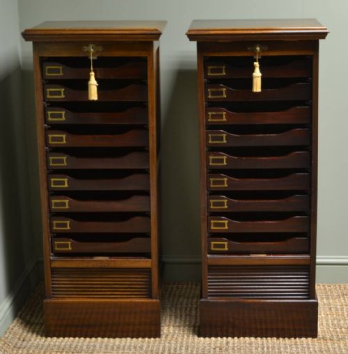 fig 1. Rare Pair of Edwardian Walnut Antique Tambour Front Office Cabinets
