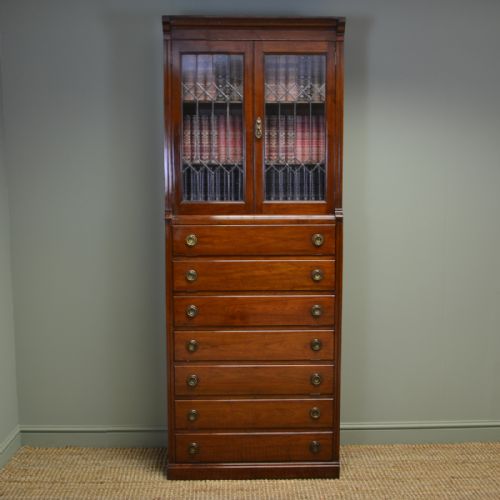 Unusual Tall / Slim Edwardian Walnut Antique Cabinet / Drawers