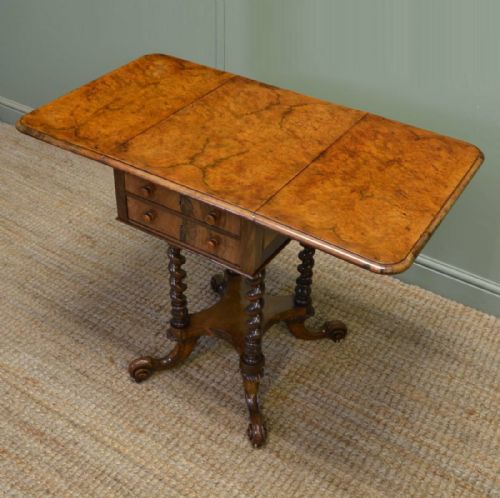 
Remarkable Figured Walnut Small Drop Leaf Antique Victorian Side / Sofa Table
