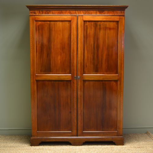 Large Edwardian Inlaid Mahogany Antique Double Wardrobe