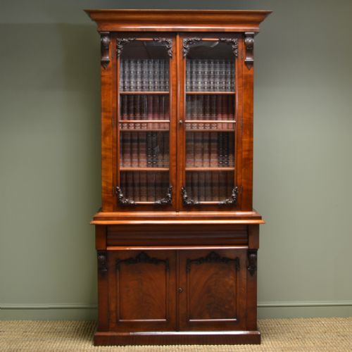 Quality Victorian Mahogany Glazed Antique Bookcase on Cupboard.