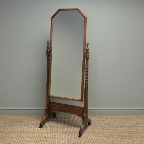 Quality Edwardian Oak Barley Twist Antique Cheval Mirror