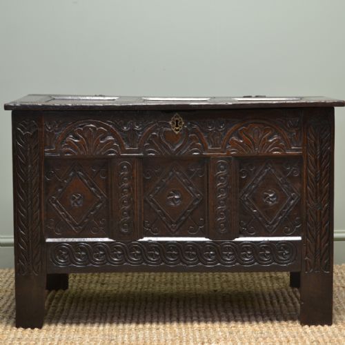 Seventeenth Century Period Oak Antique Carved Coffer