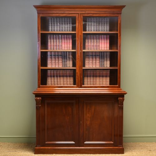 Spectacular Figured Mahogany Antique Victorian Bookcase on Cupboard