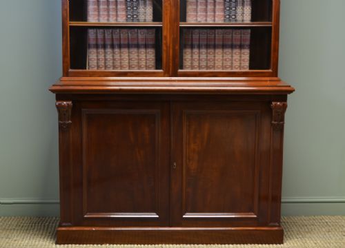 fig 1. Spectacular Figured Mahogany Antique Victorian Bookcase on Cupboard