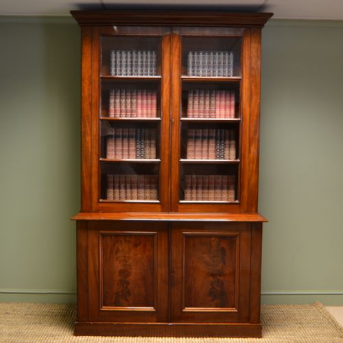 Beautiful Quality Large Victorian Figured Mahogany Antique Glazed Bookcase on Cupboard
