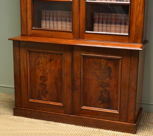fig 1. Beautiful Quality Large Victorian Figured Mahogany Antique Glazed Bookcase on Cupboard