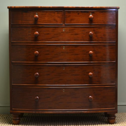 Splendid Tall Figured Rich Mahogany Regency Antique Bow Fronted Chest of Drawers