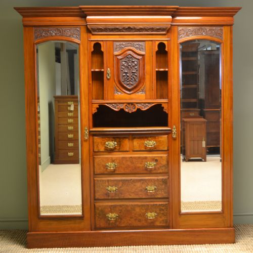 Spectacular Maple & Co Figured Walnut Victorian Antique Triple Wardrobe