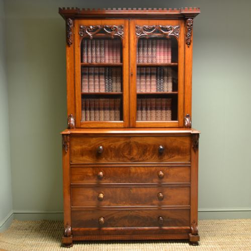 Unusual Quality Victorian Figured Mahogany Antique Scottish Secretaire Glazed Bookcase on Chest.
