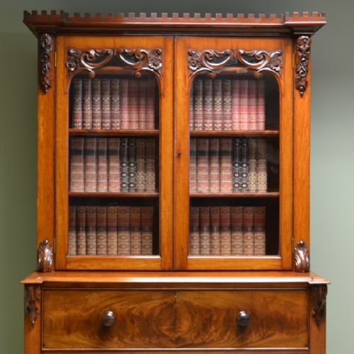fig 1. Unusual Quality Victorian Figured Mahogany Antique Scottish Secretaire Glazed Bookcase On Chest.