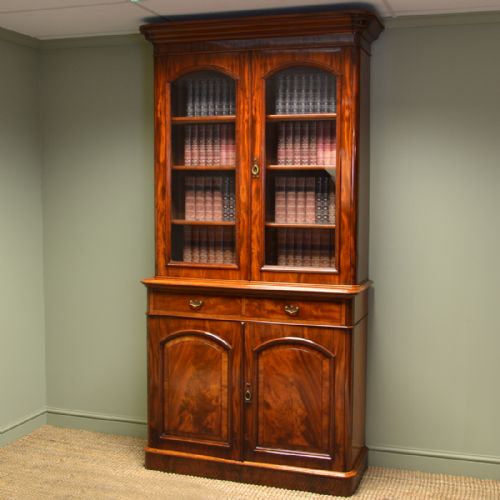 fig 1. Stunning Tall Figured Mahogany Victorian Antique Glazed Bookcase on Cupboard