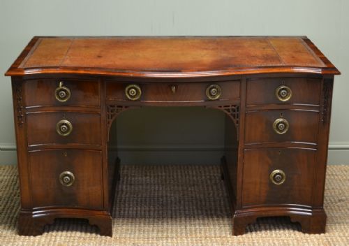 fig 1. Spectacular Serpentine Shaped Front Edwardian Figured Mahogany Antique Desk