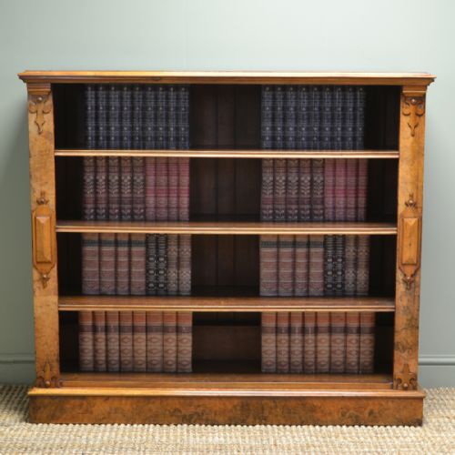 Spectacular Large Golden Burr Walnut Victorian Antique Open Bookcase