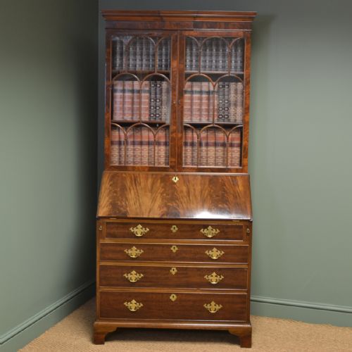 Superb Quality Edwardian Figured Mahogany Antique Bureau / Bookcase