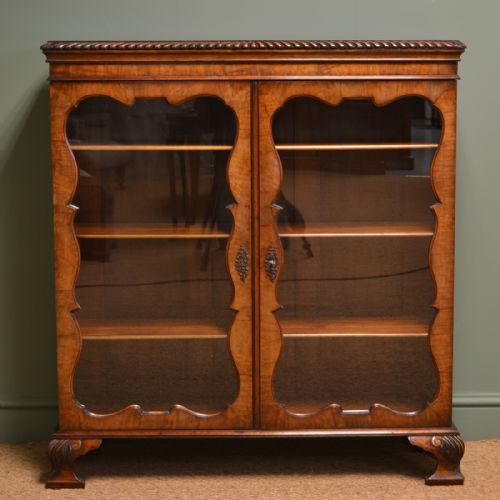 Striking Edwardian Figured Walnut Antique Display Cabinet / Bookcase