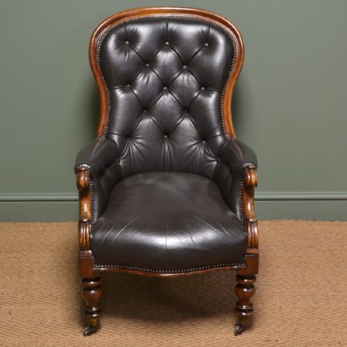 Magnificent Victorian Mahogany / Leather Button Back Antique Arm Chair