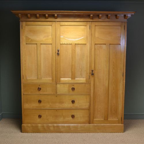 Striking Large Golden Ash Victorian Arts and Crafts Antique Triple Wardrobe
