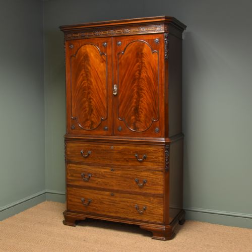 Spectacular Quality Figured Mahogany Edwardian Antique Linen Press / Wardrobe
