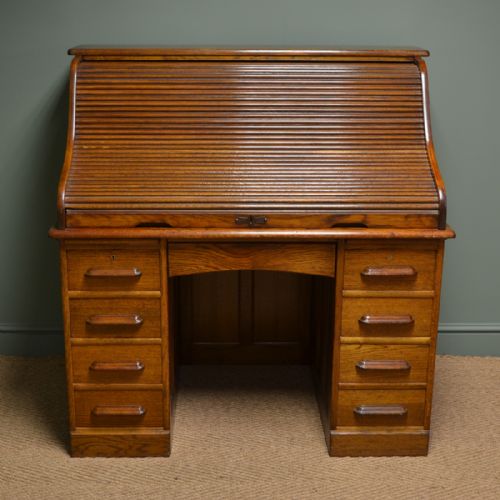 Large Edwardian Oak Antique Roll Top Desk