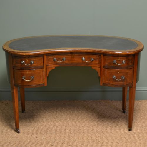 Beautiful Inlaid Victorian Mahogany Antique Kidney Shaped Writing Desk