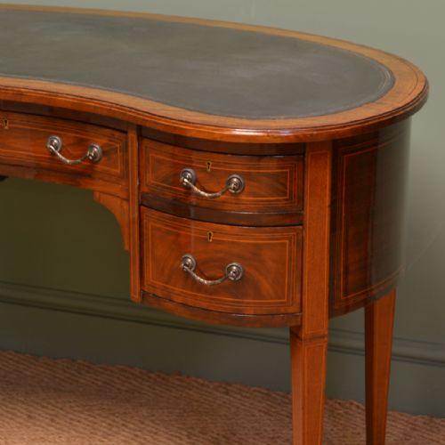 fig 1. Beautiful Inlaid Victorian Mahogany Antique Kidney Shaped Writing Desk