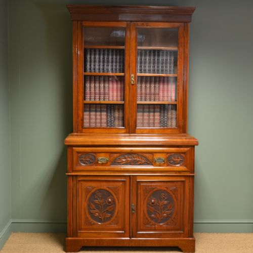 High Quality Victorian Walnut Antique Secretaire Bookcase