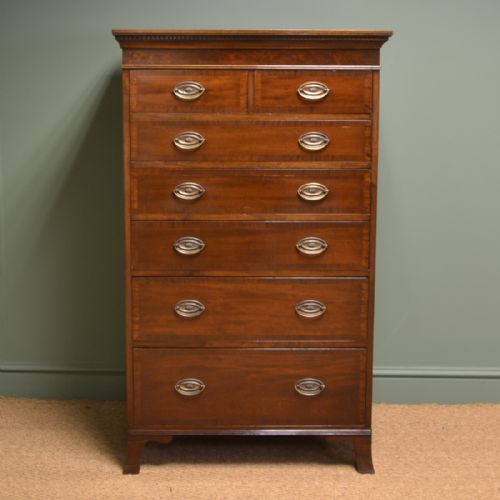 Tall Victorian Crossbanded Antique Mahogany Chest of Drawers