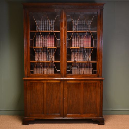 Spectacular Large Edwardian Walnut Antique Glazed Bookcase on Cupboard