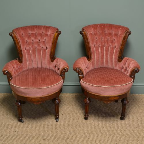 Stunning Pair of Victorian Figured Walnut Antique Bedroom / Side Chairs