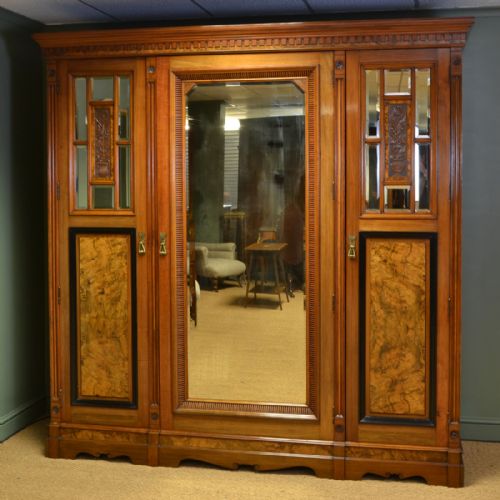 Magnificent Huge Victorian Golden Walnut Antique Triple Wardrobe