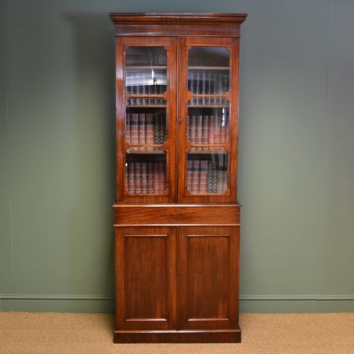 Tall Slim Victorian Mahogany Antique Bookcase on Cupboard