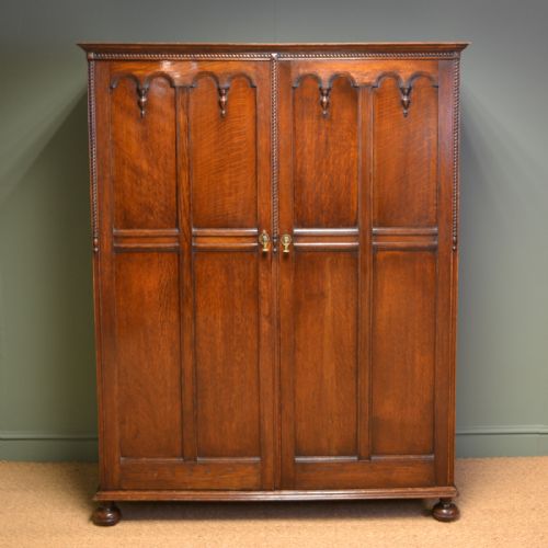 Quality Waring and Gillows Edwardian Solid Oak Antique Double Wardrobe